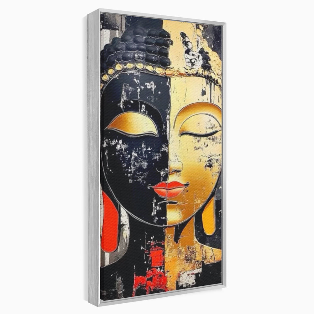 Tablou canvas cu tablou canvas cu chipul lui buddha, in rama de aluminiu argintiu